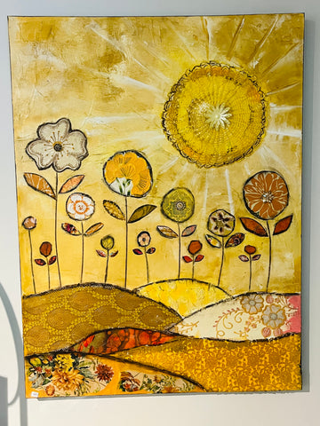 "Sunny Meadow " 30 x 40..Original Mixed media Painting and collage (Copy)