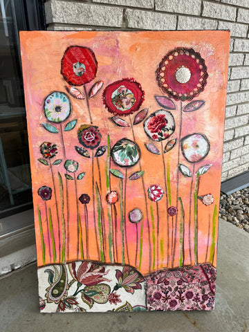 "Blooming Meadow " 24 x 36" ..Original Mixed media Painting and collage