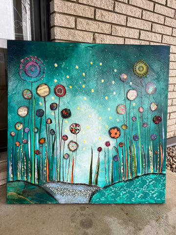 "Firefly Jubilee" 36 x  36" ..Original Mixed media Painting and collage