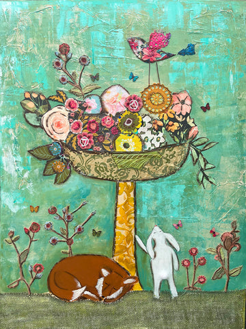 "In the Garden"...30 x 40"...Original Mixed media Painting and collage