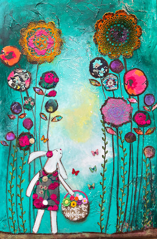 "Bunny in the Garden".. 24 x 36"..Original Mixed media Painting and collage
